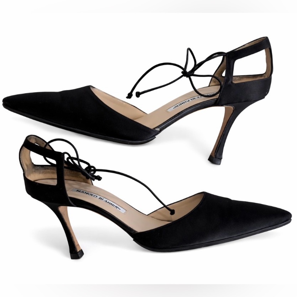 Manolo Blahnik Zaman 70 Black satin Ankle Tie Pumps – 39.5 • Dust Bag - Picture 10 of 11